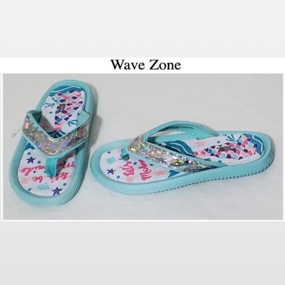 New Wave Zone Kid Flip Flops  Size 12 13 Mermaid Aqua Blue Sparkly Sandal Shoes - Picture 1 of 15